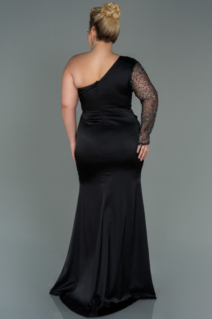 Robe Grande Taille Longue Satin Noir ABU3170