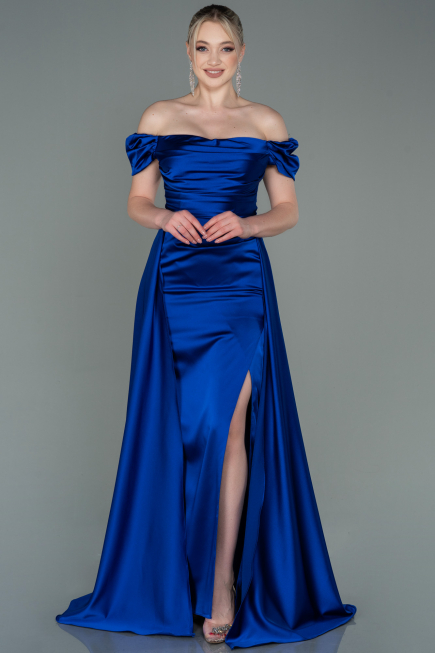 Robe de Soirée Longue Satin Bleu Saxe ABU2903