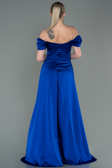 Robe de Soirée Longue Satin Bleu Saxe ABU2903