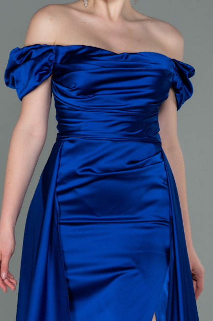 Robe de Soirée Longue Satin Bleu Saxe ABU2903