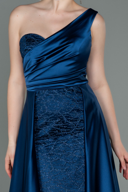 Robe de Soirée Longue Satin Bleu Marine ABU2933