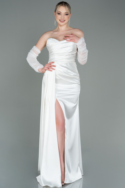 Robe de Soirée Longue Satin Blanc ABU3175