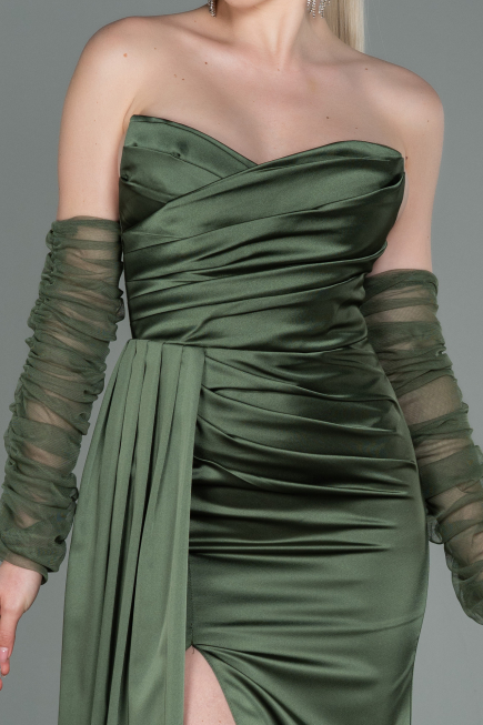 Robe de Soirée Longue Satin Kaki ABU3175