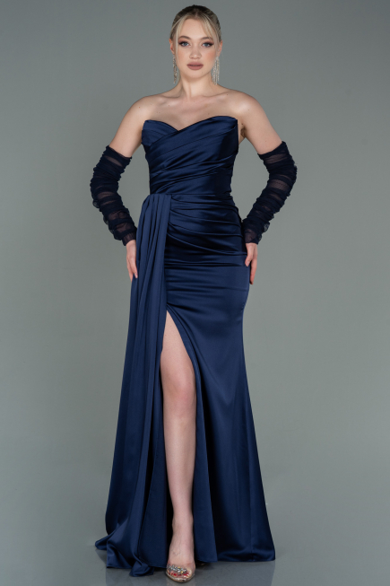 Robe de Soirée Longue Satin Bleu Marine ABU3175