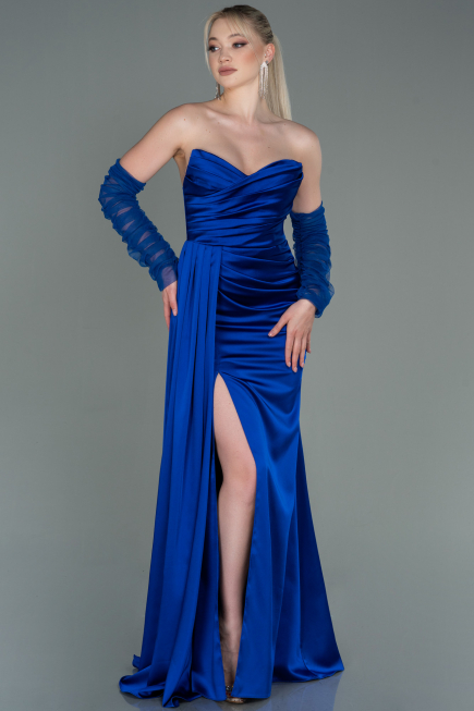Robe de Soirée Longue Satin Bleu Saxe ABU3175