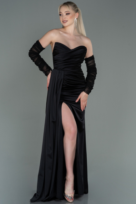 Robe de Soirée Longue Satin Noir ABU3175