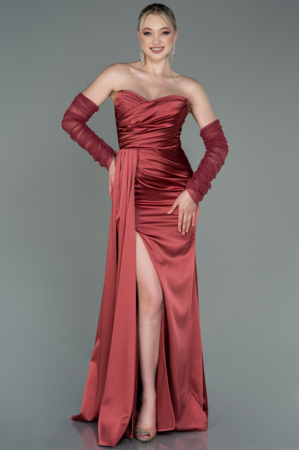 Robe de Soirée Longue Satin Marron Clair ABU3175