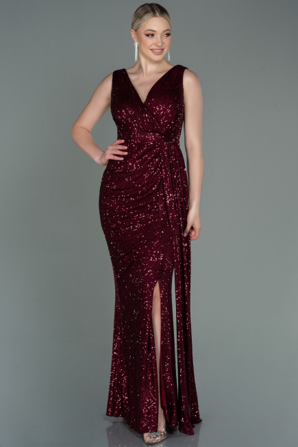 Robe de Soirée Longue Squameuse Rouge Bordeaux ABU3201