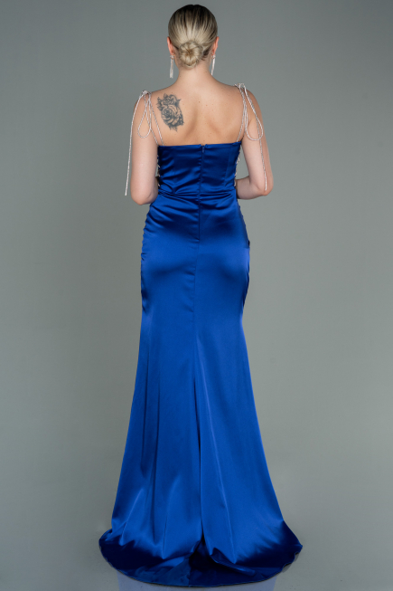 Robe de Soirée Longue Satin Bleu Saxe ABU3198