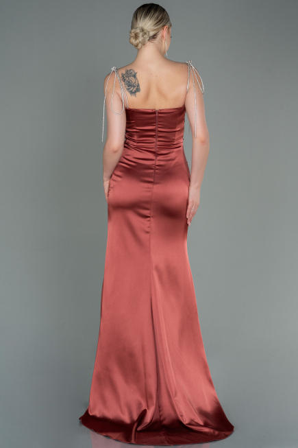Robe de Soirée Longue Satin Marron Clair ABU3198