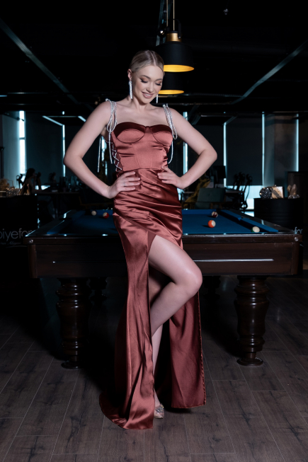 Robe de Soirée Longue Satin Marron Clair ABU3198
