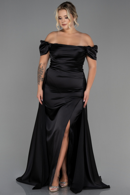 Robe De Soirée Grande Taille Satin Longue Noir ABU2923