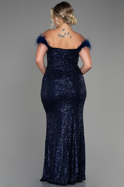 Robe de Soirée Grande Taille Longue Squameuse Bleu Marine ABU3193