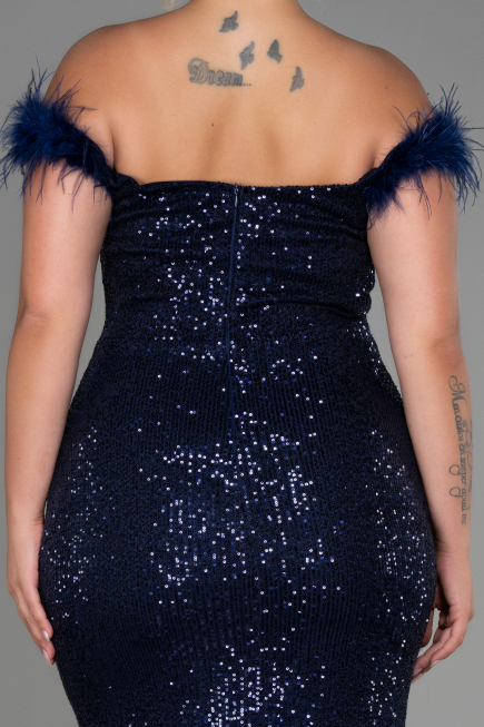 Robe de Soirée Grande Taille Longue Squameuse Bleu Marine ABU3193