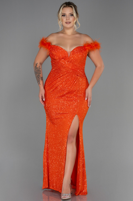 Robe de Soirée Grande Taille Longue Squameuse Orange ABU3193