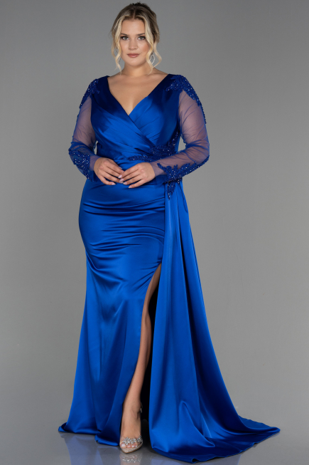 Robe de Soirée Grande Taille Longue Satin Bleu Saxe ABU3223