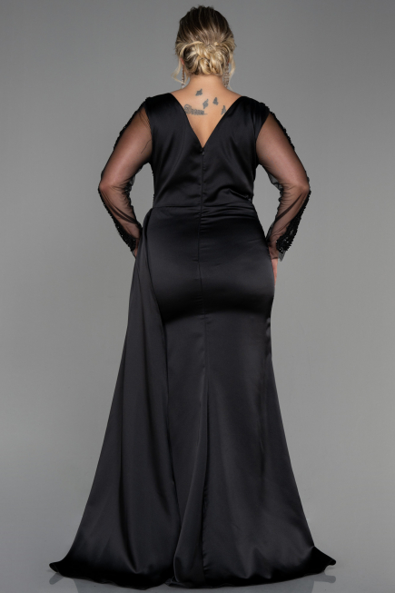 Robe de Soirée Grande Taille Longue Satin Noir ABU3223