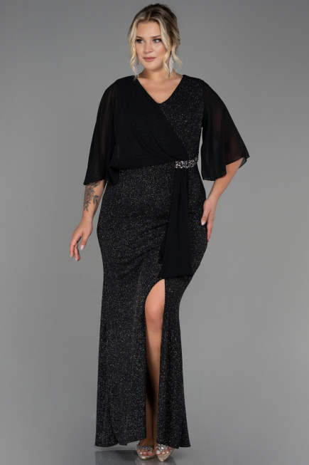 Robe De Soirée Grande Taille Longue Noir-Argent ABU2857