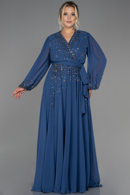 Robe De Soirée Grande Taille Mousseline Longue Indigo ABU3075