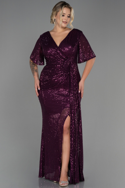Robe De Soirée Grande Taille Squameuse Longue Prune ABU2796