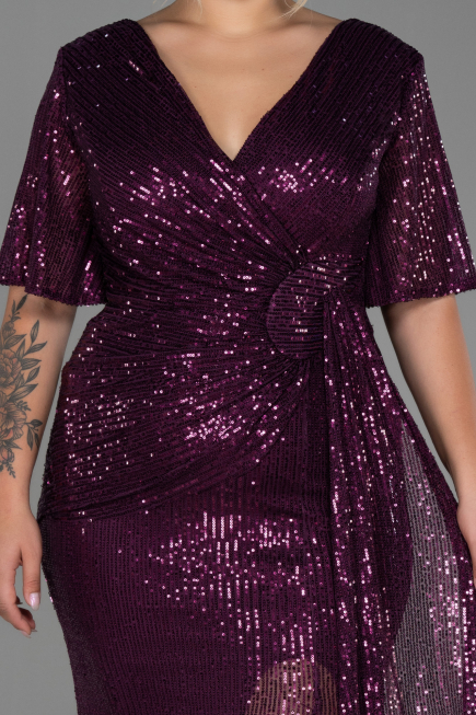 Robe De Soirée Grande Taille Squameuse Longue Prune ABU2796