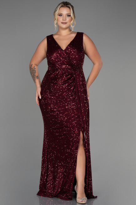 Robe de Soirée Grande Taille Longue Squameuse Rouge Bordeaux ABU3194