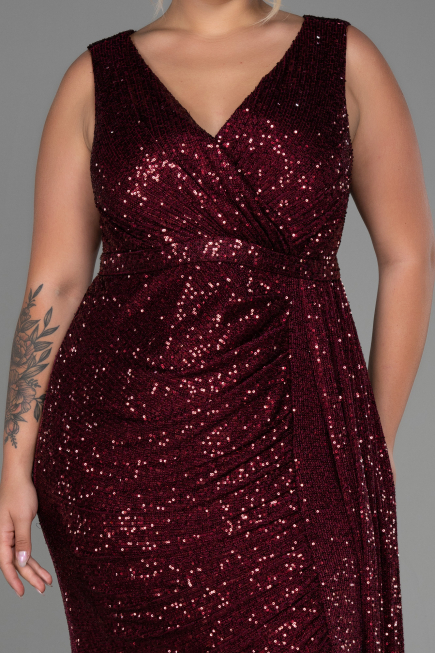 Robe de Soirée Grande Taille Longue Squameuse Rouge Bordeaux ABU3194