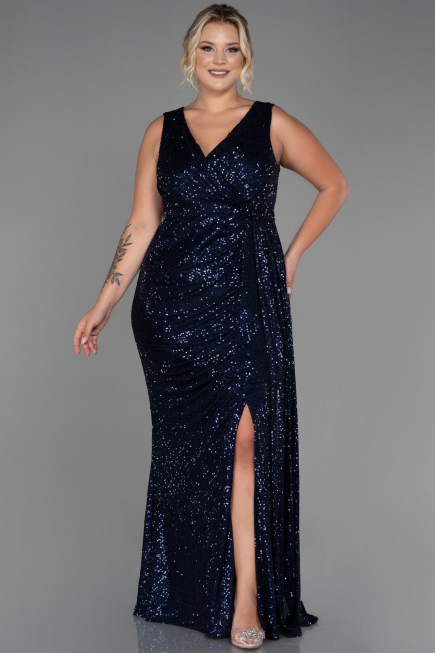 Robe de Soirée Grande Taille Longue Squameuse Bleu Marine ABU3194