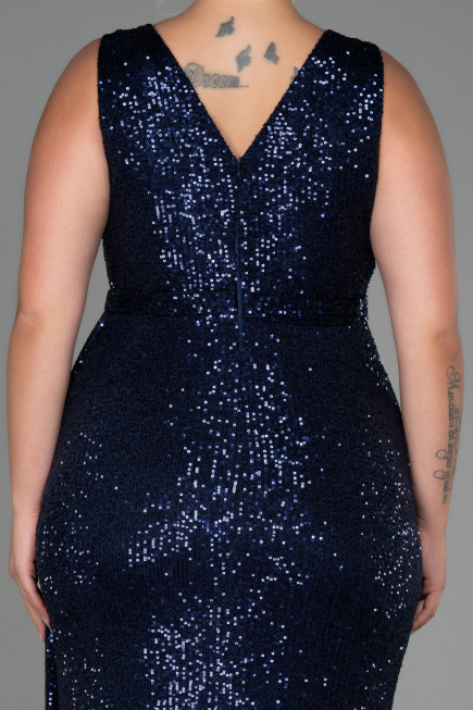 Robe de Soirée Grande Taille Longue Squameuse Bleu Marine ABU3194