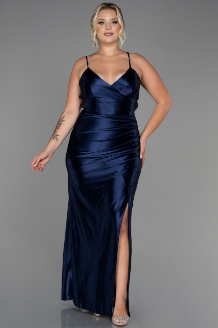 Robe De Soirée Grande Taille Satin Longue Bleu Marine ABU3053