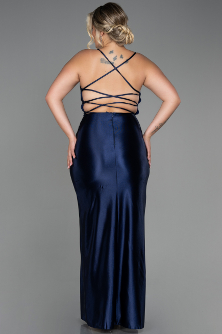 Robe De Soirée Grande Taille Satin Longue Bleu Marine ABU3053