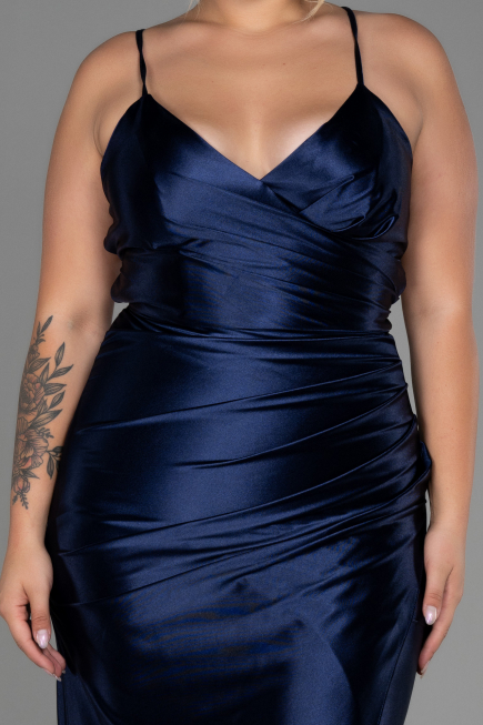 Robe De Soirée Grande Taille Satin Longue Bleu Marine ABU3053