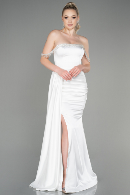 Robe De Soirée Satin Longue Blanc ABU2618