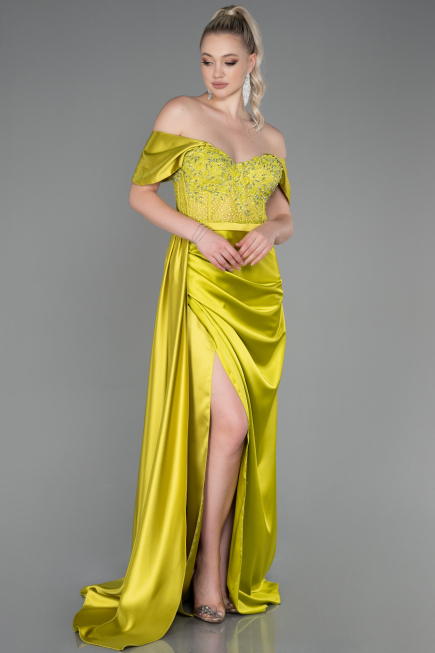 Robe De Soirée Satin Longue Pistache vert ABU2087
