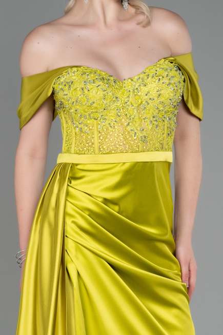 Robe De Soirée Satin Longue Pistache vert ABU2087