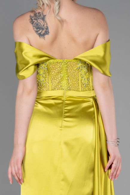 Robe De Soirée Satin Longue Pistache vert ABU2087
