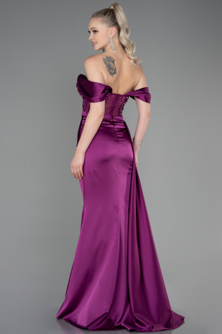 Robe De Soirée Satin Longue Prune ABU2087