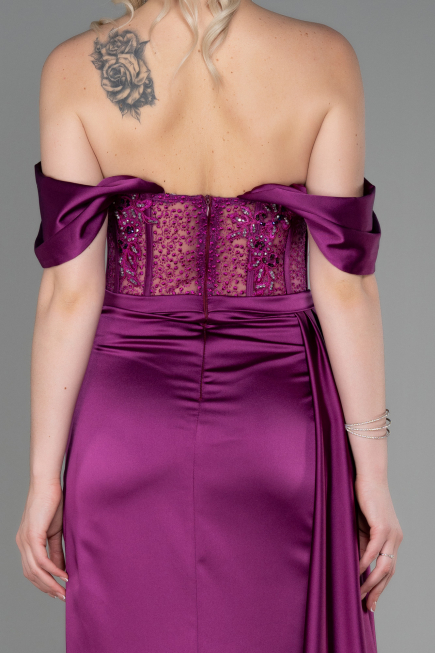 Robe De Soirée Satin Longue Prune ABU2087