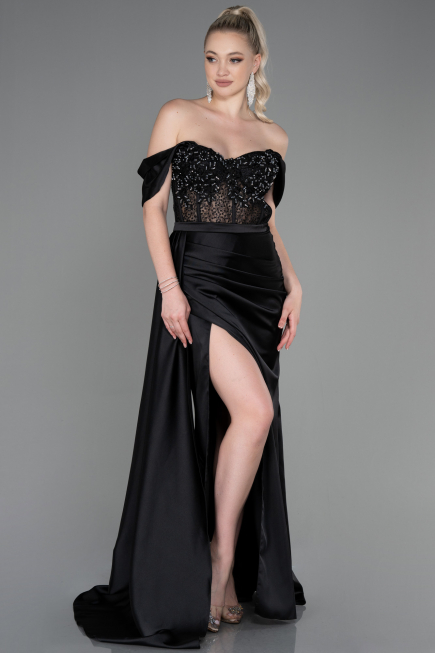 Robe de Soirée Longue Satin Noir ABU2087