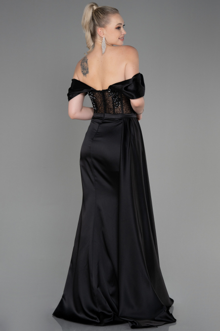 Robe de Soirée Longue Satin Noir ABU2087