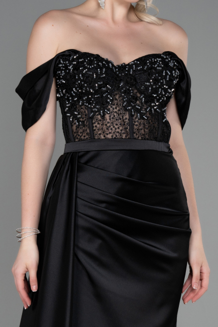 Robe de Soirée Longue Satin Noir ABU2087