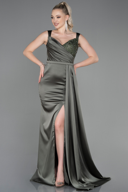 Robe de Soirée Longue Satin Kaki ABU3235