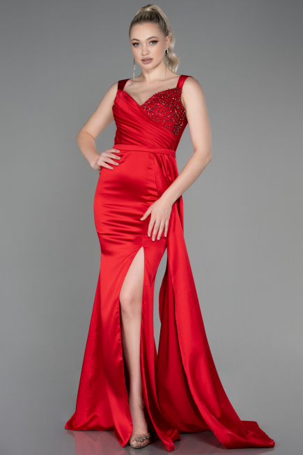 Robe de Soirée Longue Satin Rouge ABU3235