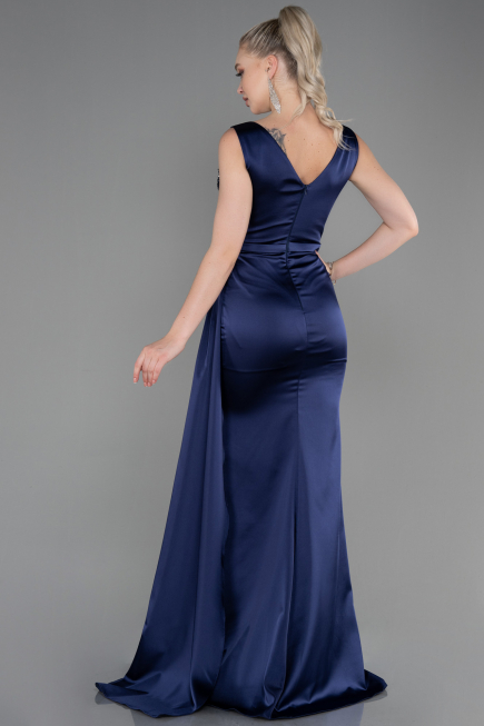 Robe de Soirée Longue Satin Bleu Marine ABU3235