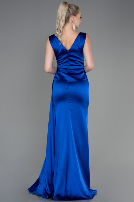 Robe de Soirée Longue Satin Bleu Saxe ABU3235