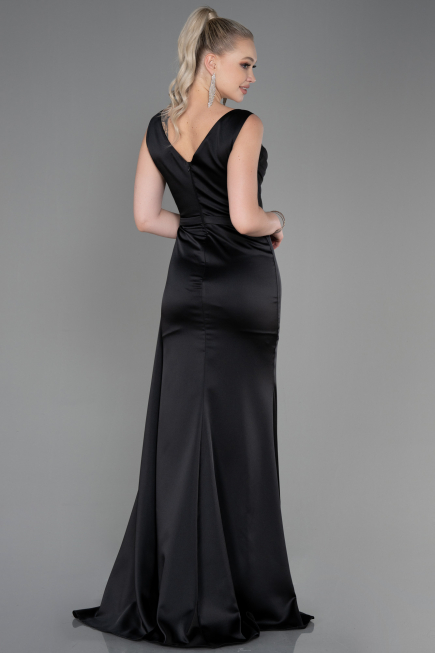 Robe de Soirée Longue Satin Noir ABU3235