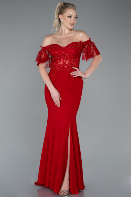Robe Queue de Poisson Longue Dantelle Rouge ABU2581