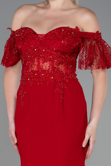 Robe Queue de Poisson Longue Dantelle Rouge ABU2581