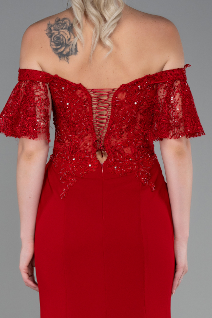 Robe Queue de Poisson Longue Dantelle Rouge ABU2581