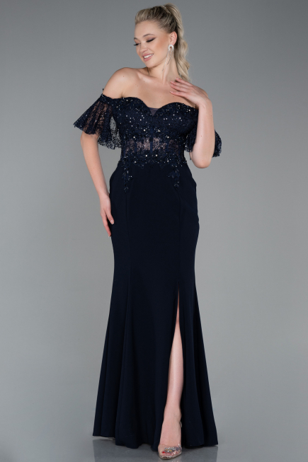 Robe Queue de Poisson Longue Dantelle Bleu Marine ABU2581
